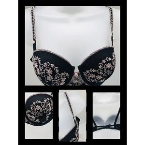 Olga Bra T shirt Enhancement Satin Floral Size 36B Black Pink Embroidered Fit B2